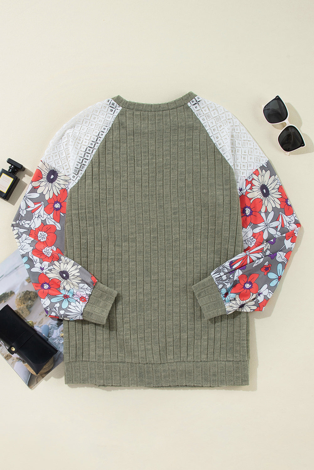 Laurel Green Floral Patchwork Raglan Sleeve Ribbed Blouse Long Sleeve Tops 1279ab0d2705acd2
