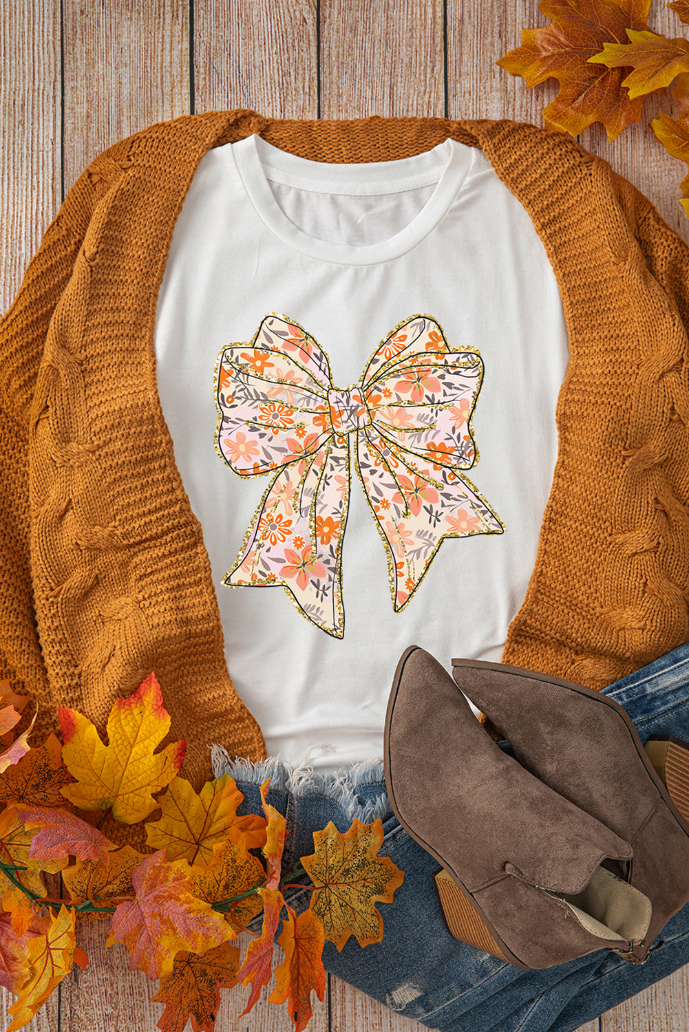 White Glitter Trim Floral Bow Heat Transfer Printing Cotton Blend T Shirt Graphic Tees 12ad8c3cc749265a