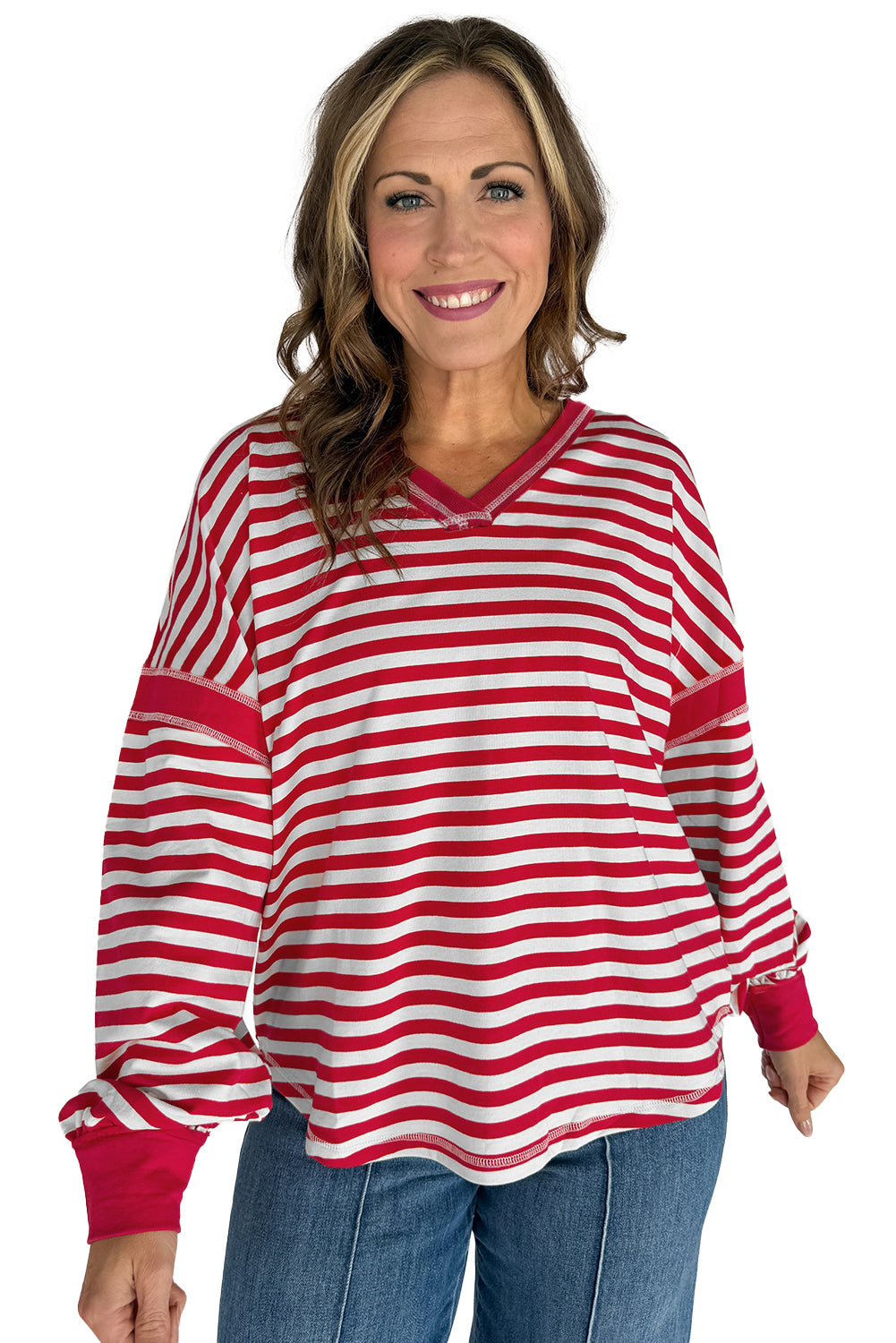 Red Striped Balloon Sleeve V Neck Blouse Long Sleeve Tops 13161b0a336a37f7