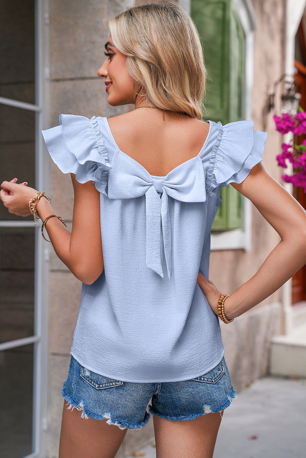Beige Textured Bow Frilled Ruffle Sleeve Blouse Blouses 132317e6e8735618