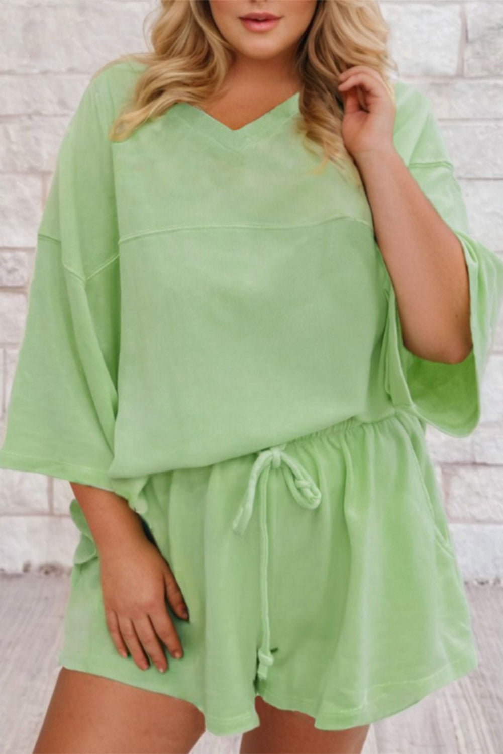 Meadow Mist Green Plus Size V Neck Drop Shoulder Tee Loose Shorts Set Plus Size Matching Sets 13338ca55688dd14
