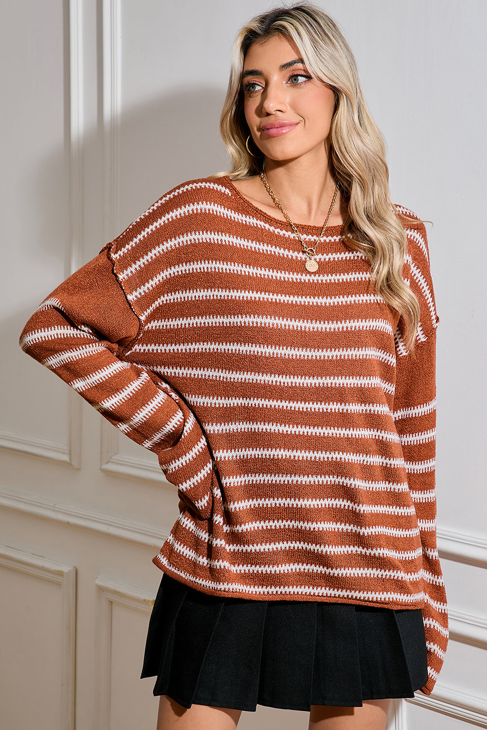 Green Stripe Casual Stripe Round Neck Drop Shoulder Sweater Sweaters 133ef90c50408967