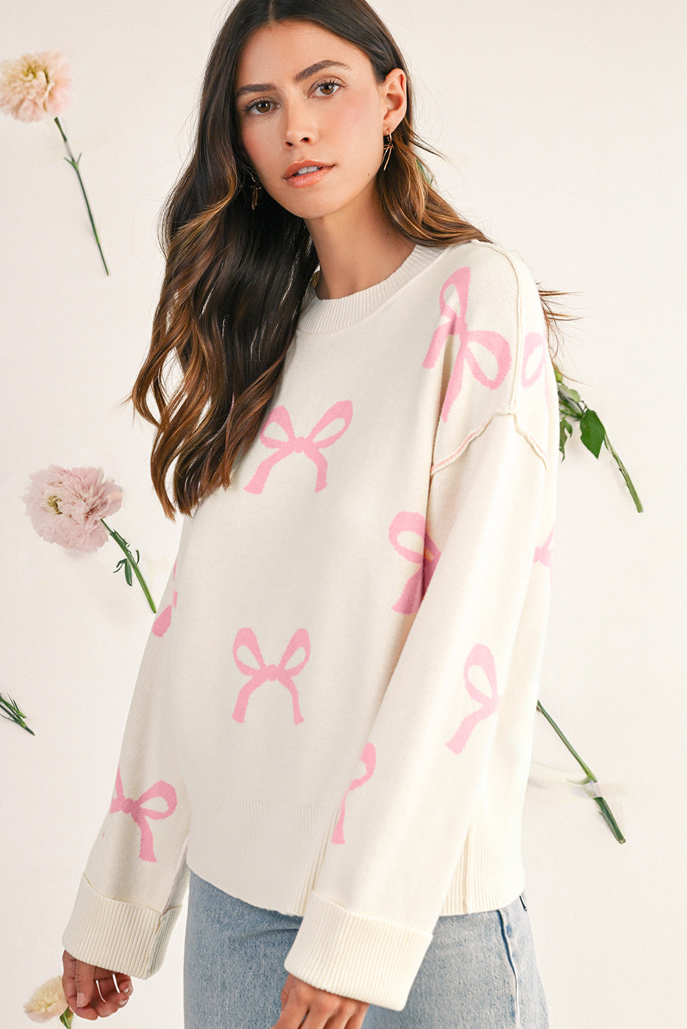 Pink Bow Print Exposed Seam Drop Sleeve Sweater Sweaters 135d6119cc0ccbb3