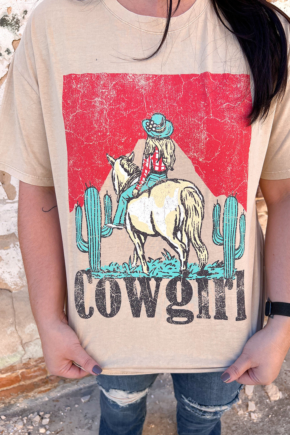 Khaki Cowgirl Slogan Print Rodeo Graphic Tee Graphic Tees 1386554de8e3769e