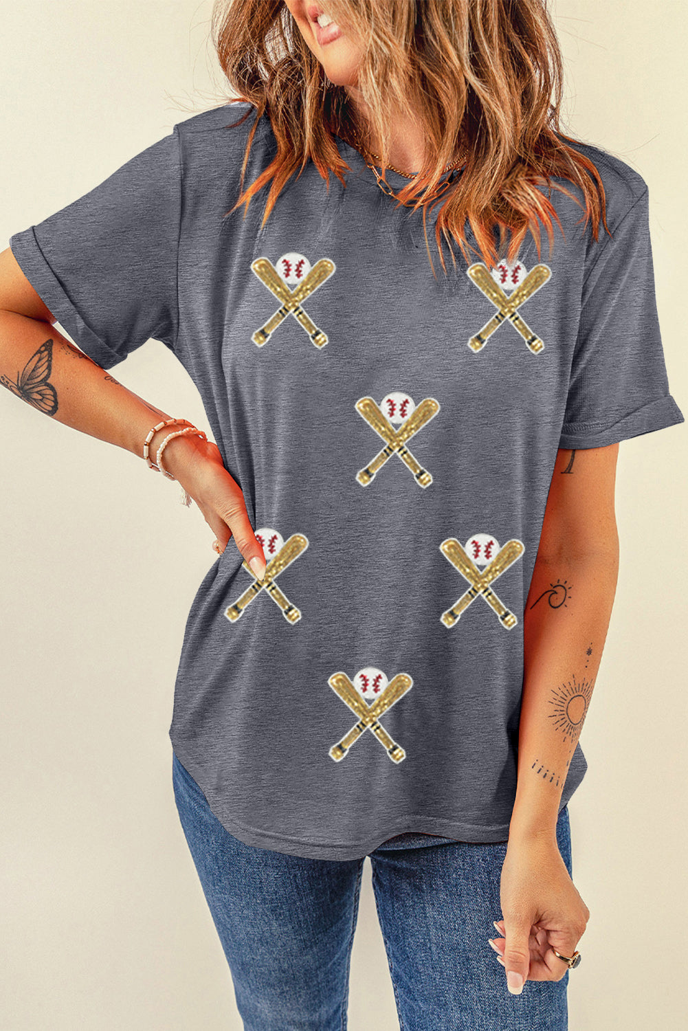 Gray Baseball Bat Sequins Patch Graphic Game Day Casual Tee Graphic Tees 1431fd635e85c4ee