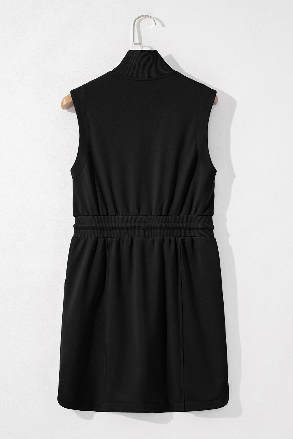 Black Terry Zipped Collar Sleeveless Drawstring Waist Mini Dress Short Dresses 1442c07e03204dfd