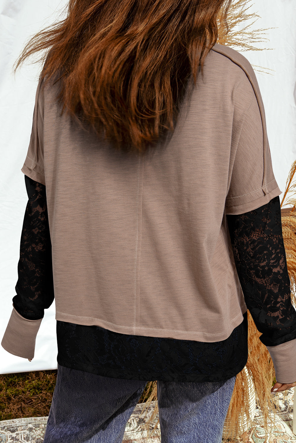 Light French Beige Sheer Lace Patchwork Casual Long Sleeve Tee Long Sleeve Tops 1493470138c00d4a