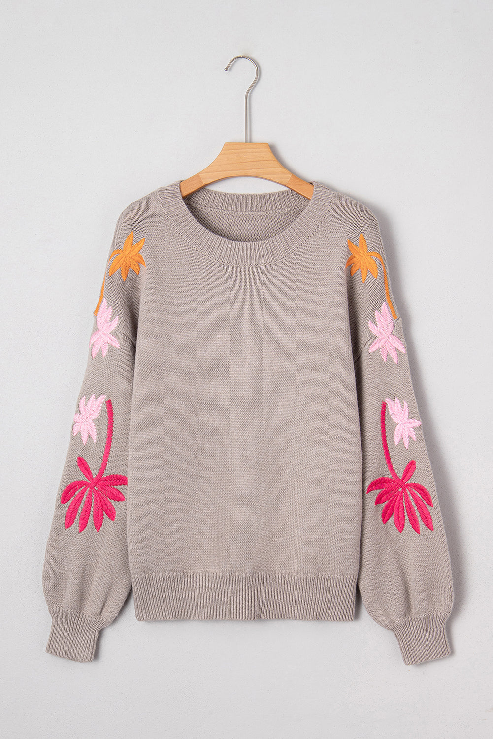 Simply Taupe Embroidered Floral Sleeve Round Neck Loose Sweater Sweaters 149e07b8d984dc4f