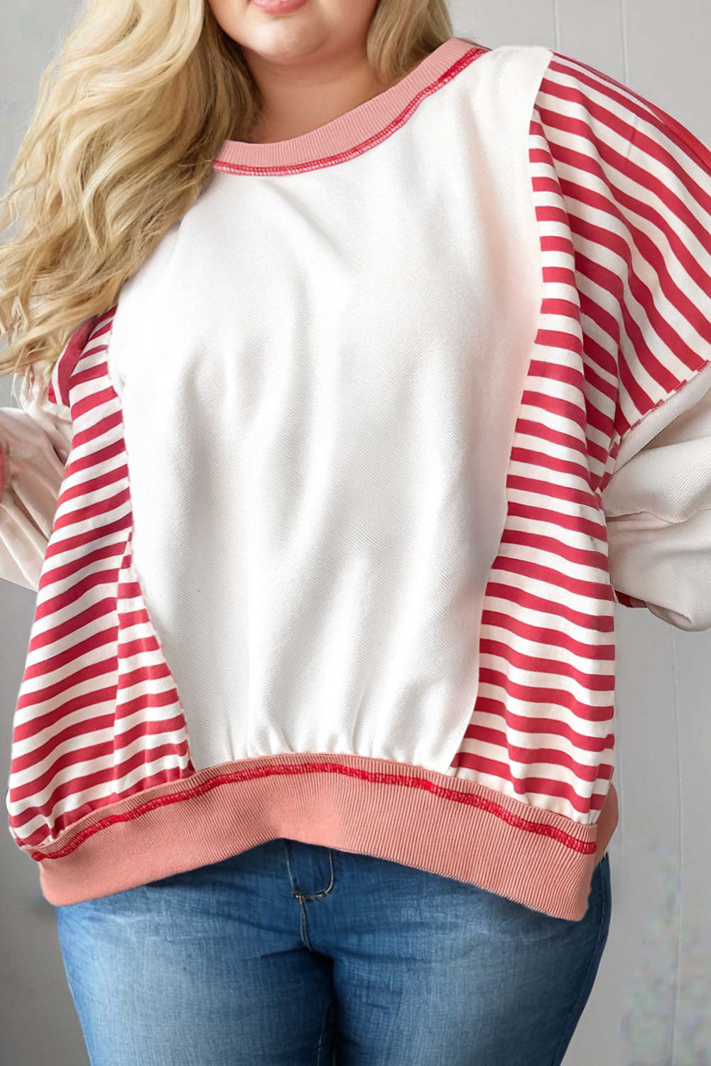 Red Stripe Colorblock Patchwork Stitching Detail Plus Size Sweatshirt Plus Size Tops 14be028805361be9