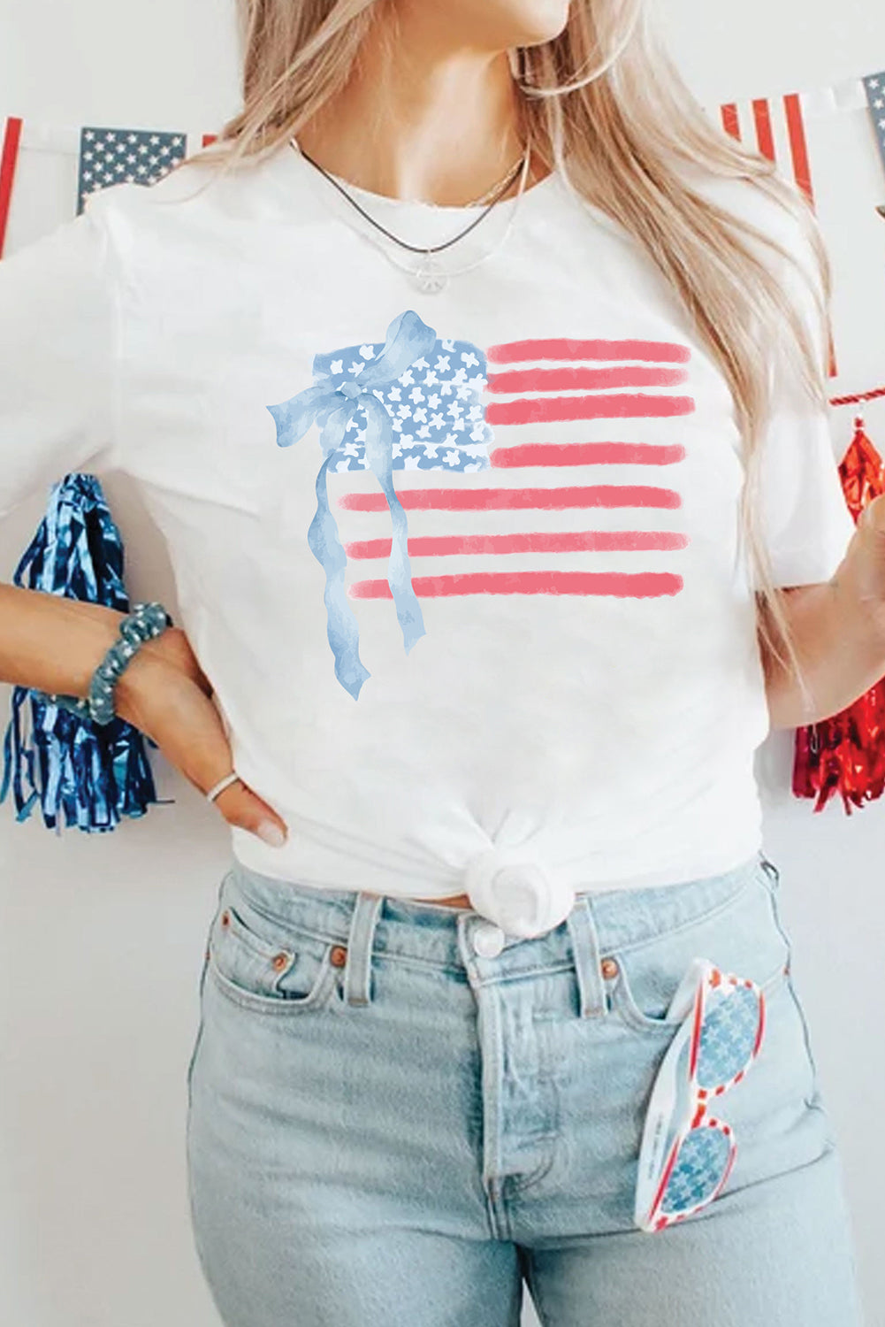 White American Flag Bow Knot Heat Transfer Printing Crew Neck T Shirt Graphic Tees 14eb0363788c77d0