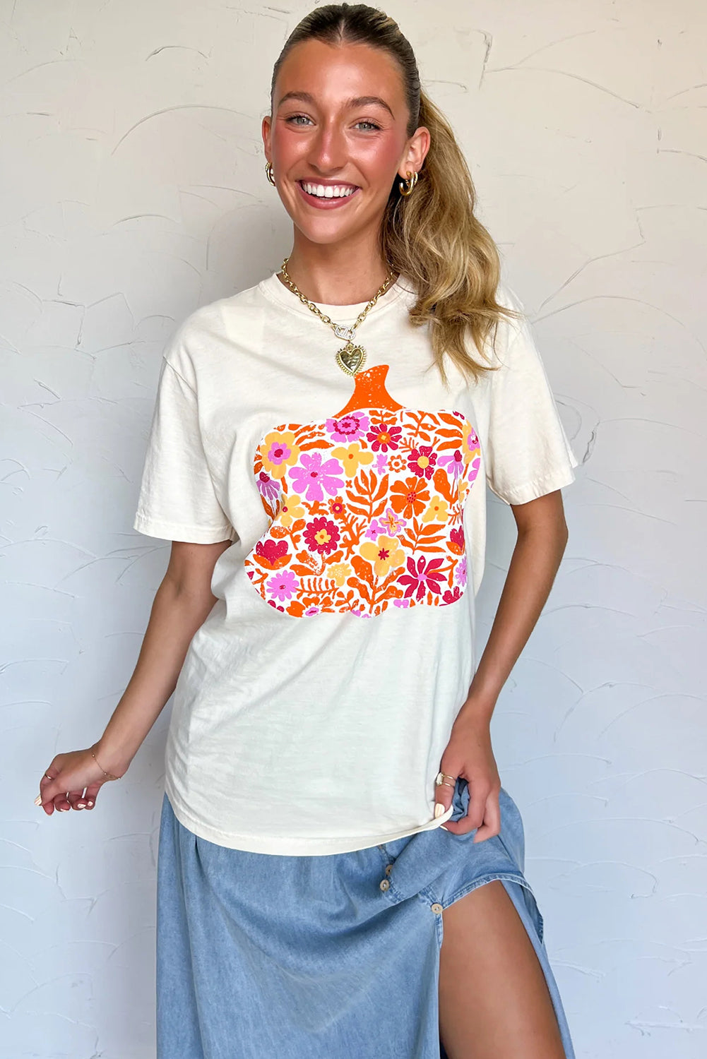 White Floral Pumpkin Heat Transfer Printing Graphic Tee Graphic Tees 1529aa5b2a09bb2c
