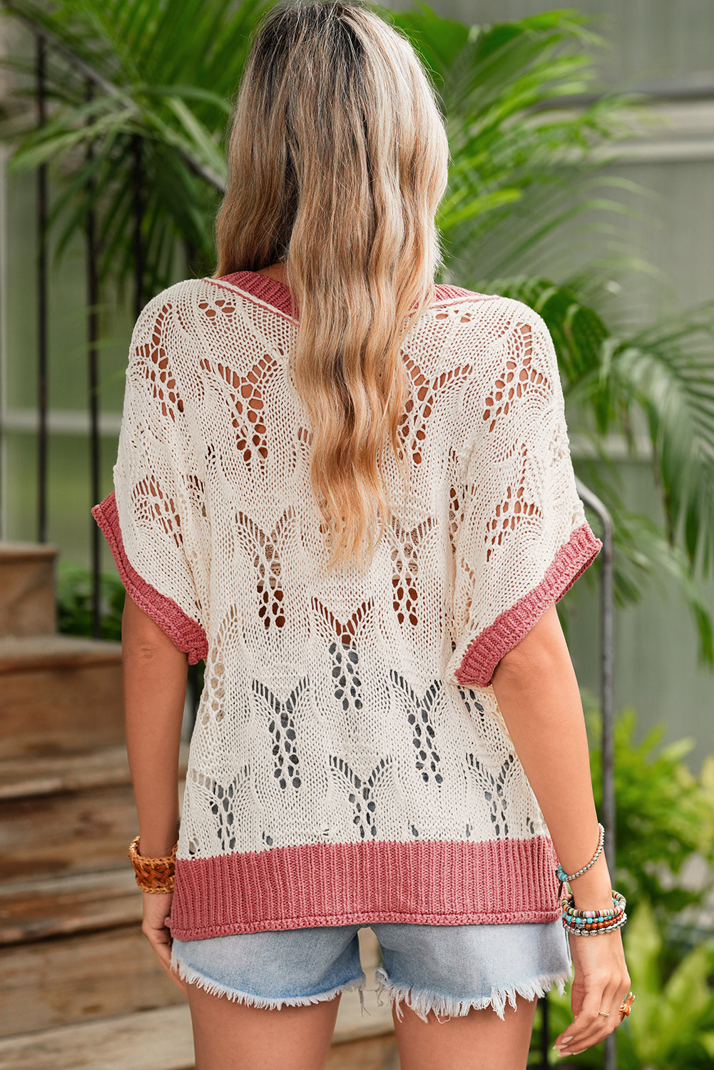 Delicacy Flowers Colorblock Edge Hollow Crochet Knit Top Knit Tops 153a94e686e79240