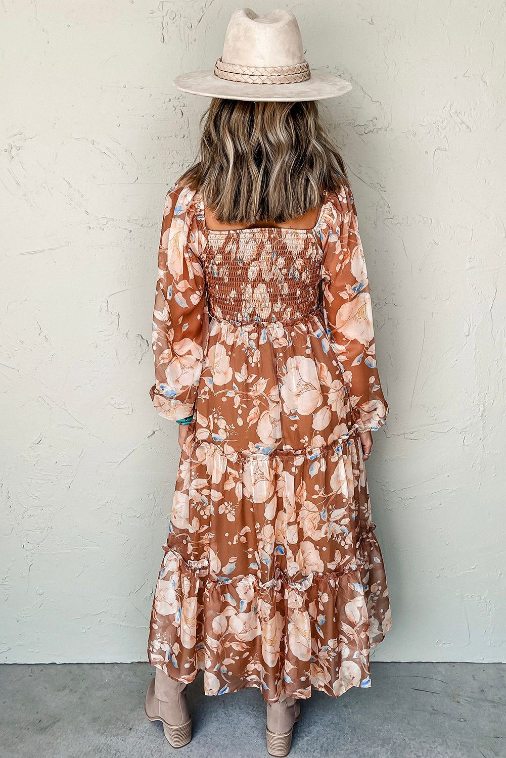 Brown Floral Print Shirred Square Neck High Waist Maxi Dress Maxi Dresses 1570f68f2c3b76b4