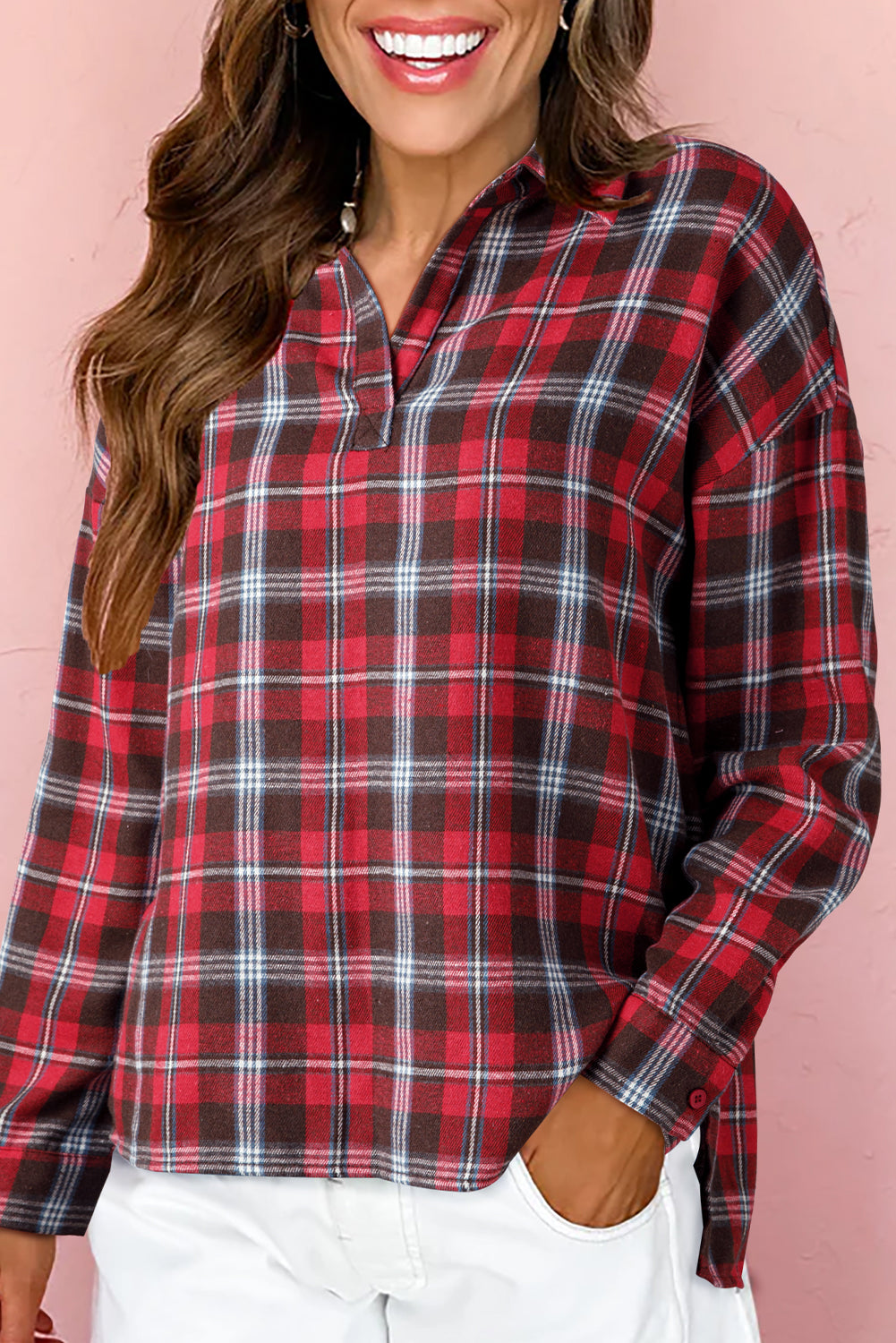 White Plaid Print Collared V Neck Loose Blouse with Side Slits Blouses 157fb104312448bc
