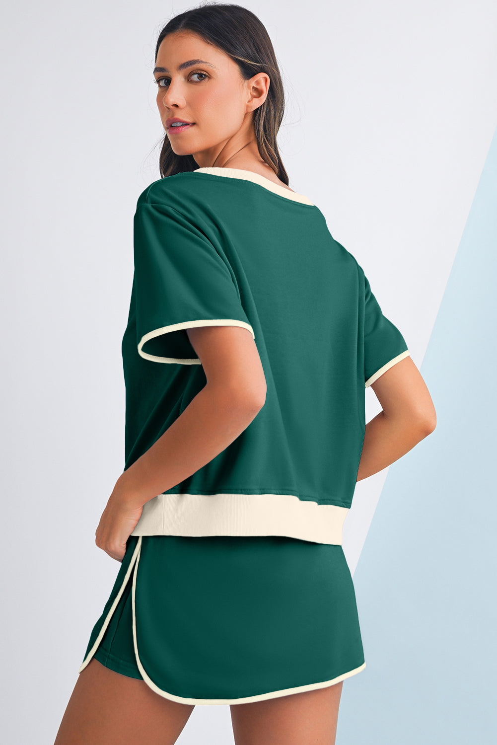 Evergreen Colorblock Edge Drop Shoulder T Shirt and Skort Set Two Piece Shorts Sets 15938d3b7eba1655