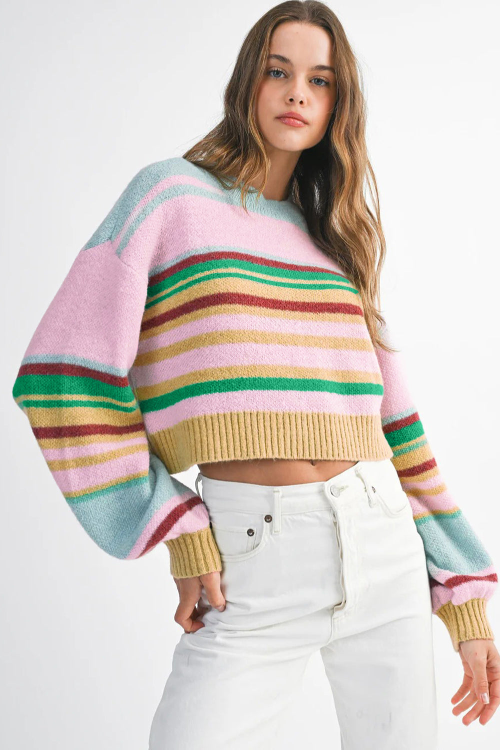 Multicolour Striped Knit Ribbed Trim Boxy Fit Cropped Sweater Sweaters 16565cc4a9e310e3