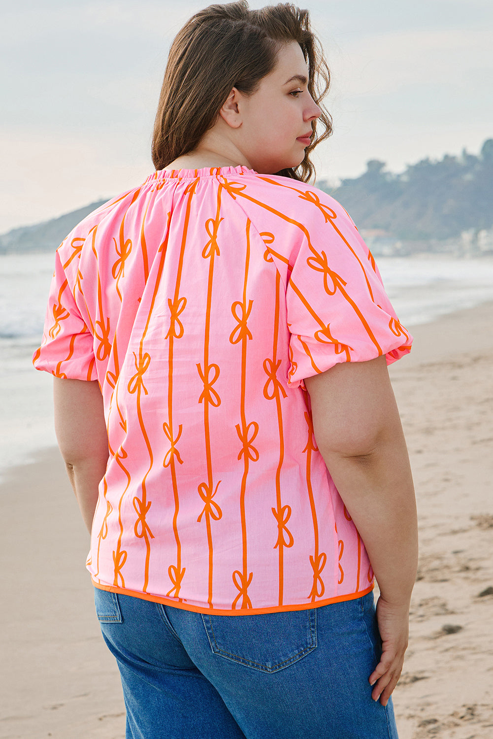 Rose Bowknot Print Shirred V Neck Puff Sleeve Plus Size Blouse Plus Size Tops 16b41ea88d1fe14a