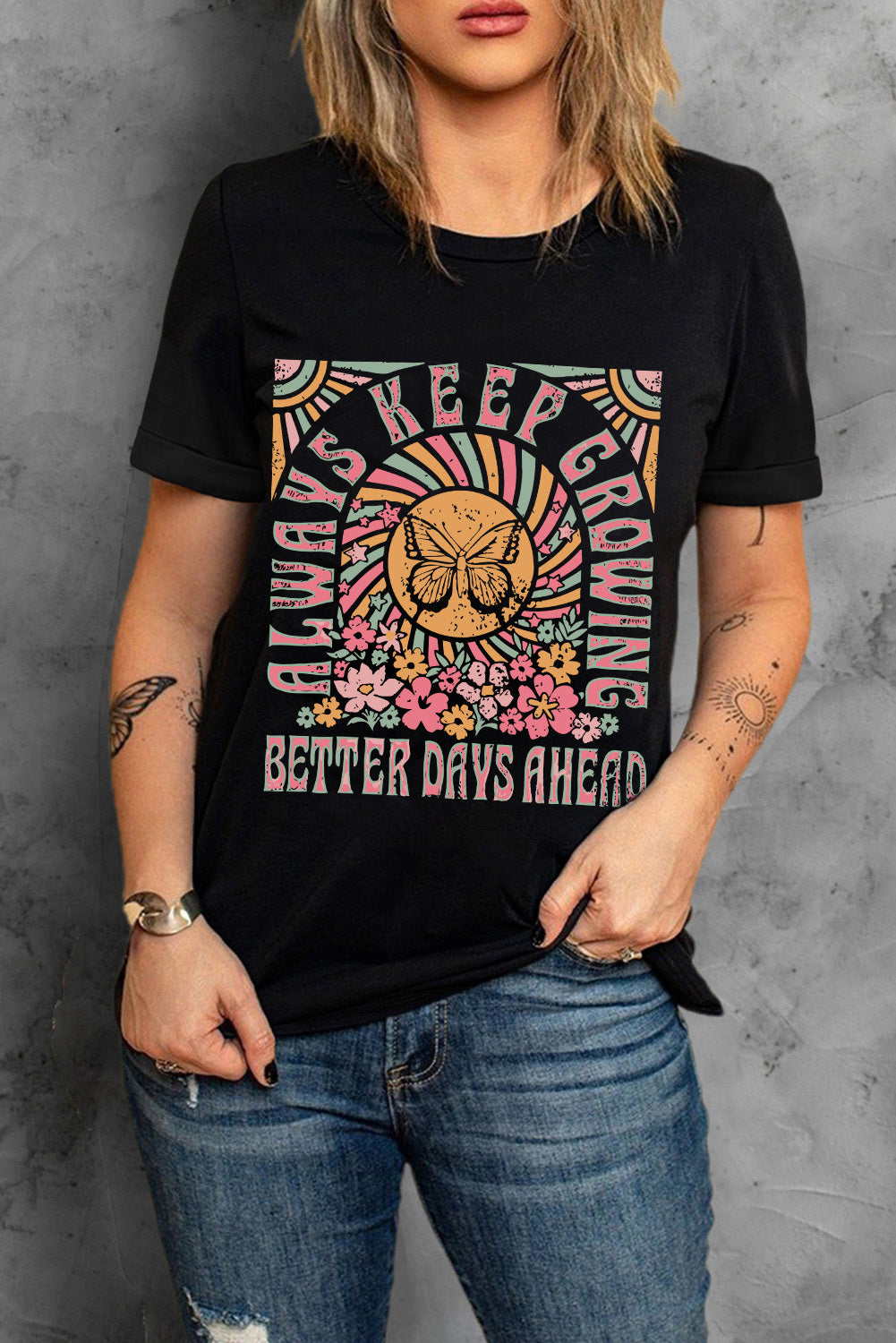 Black Always Keep Growing Butterfly Flower Graphic Tee Graphic Tees 16cb6a1eea7c2fbe