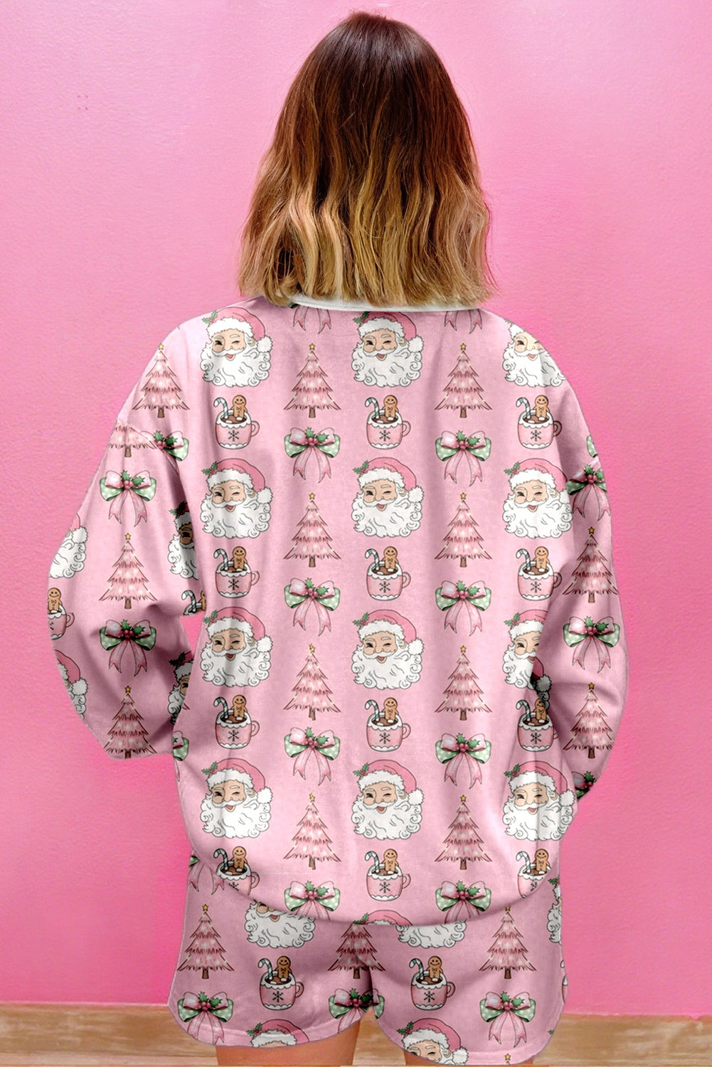 Pink Santa Claus Graphic Christmas Tree Pajama Set Loungewear Set 16d0002123c67cd8