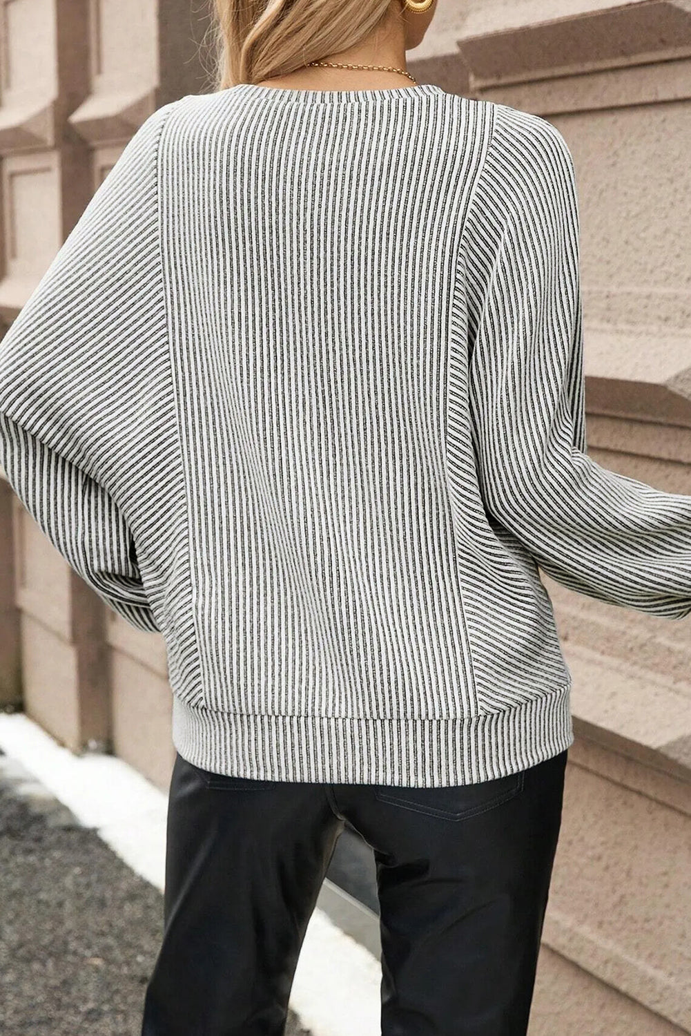Gray Ribbed Knit Round Neck Long Lantern Sleeve Top Long Sleeve Tops 16f6d4f689428802