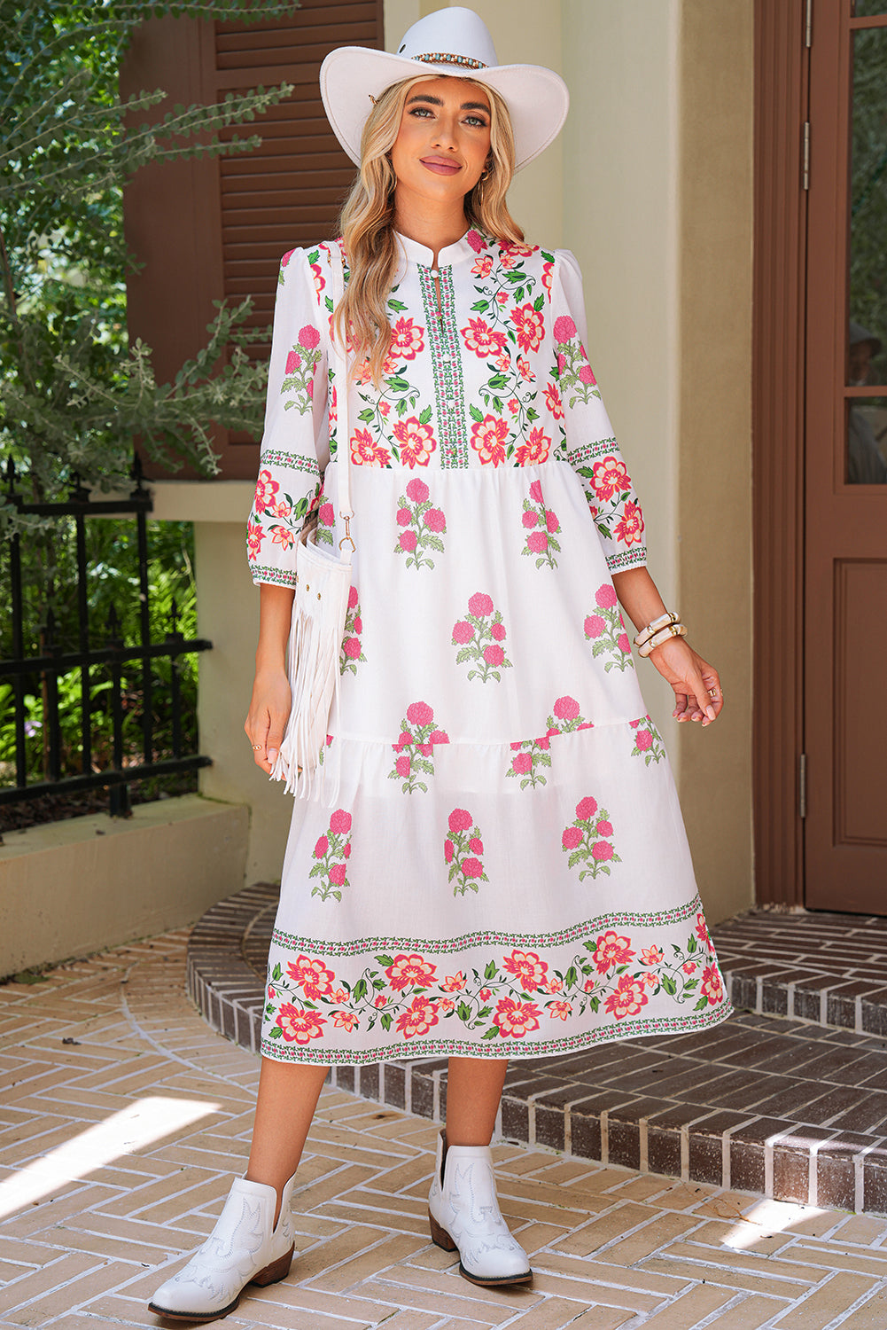 White Floral Print Loose Tiered Maxi Dress Maxi Dresses 16fd1641cacd6fcd