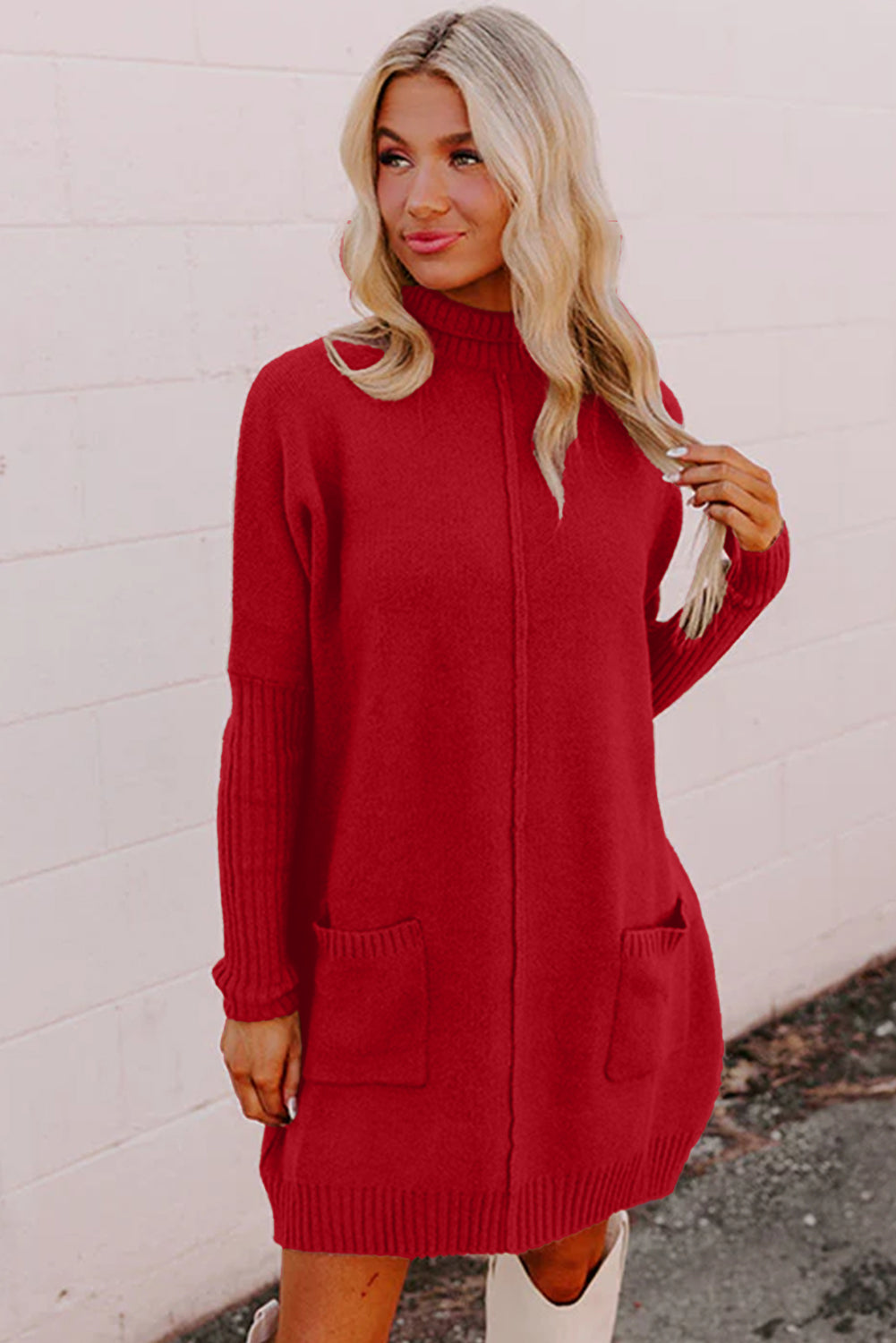 Fiery Red Ribbed High Neck Front Pockets Center Seam Sweater Dress Sweater Dresses 16feb1c474b0a81b