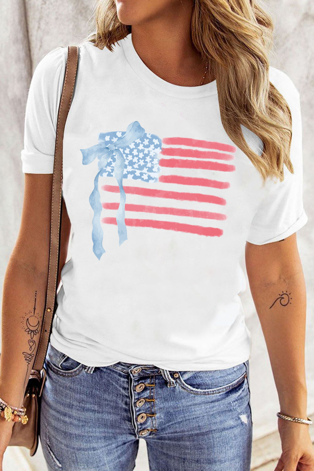 White American Flag Bow Knot Heat Transfer Printing Crew Neck T Shirt Graphic Tees 1707758bde0f4cd7