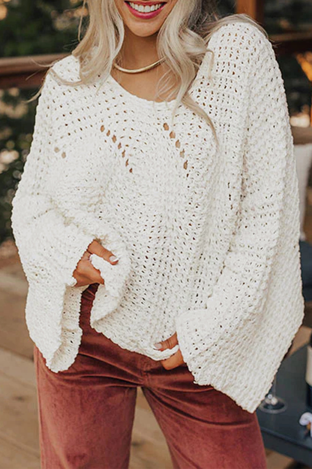 White Hollowed Detail Wide Sleeve Loose Pullover Sweater Sweaters 173bdd8b24e1a431
