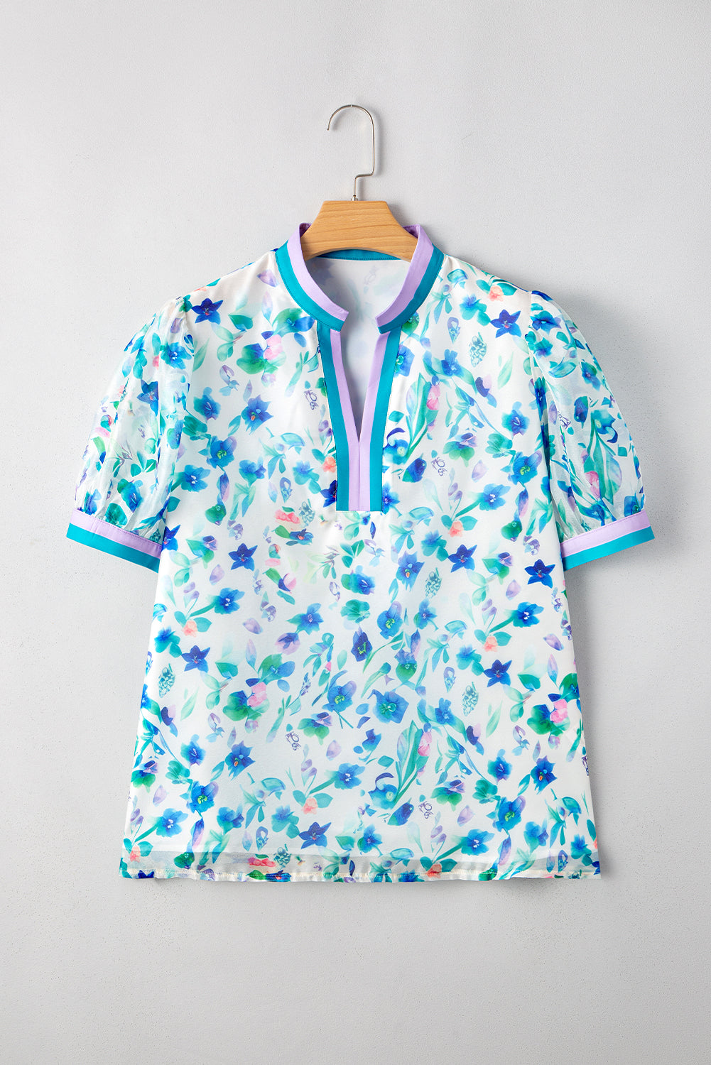 Green Floral Print Pop of Color Split Neck Puff Sleeve Plus Size Blouse Plus Size Tops 178b9835d6c1ba45