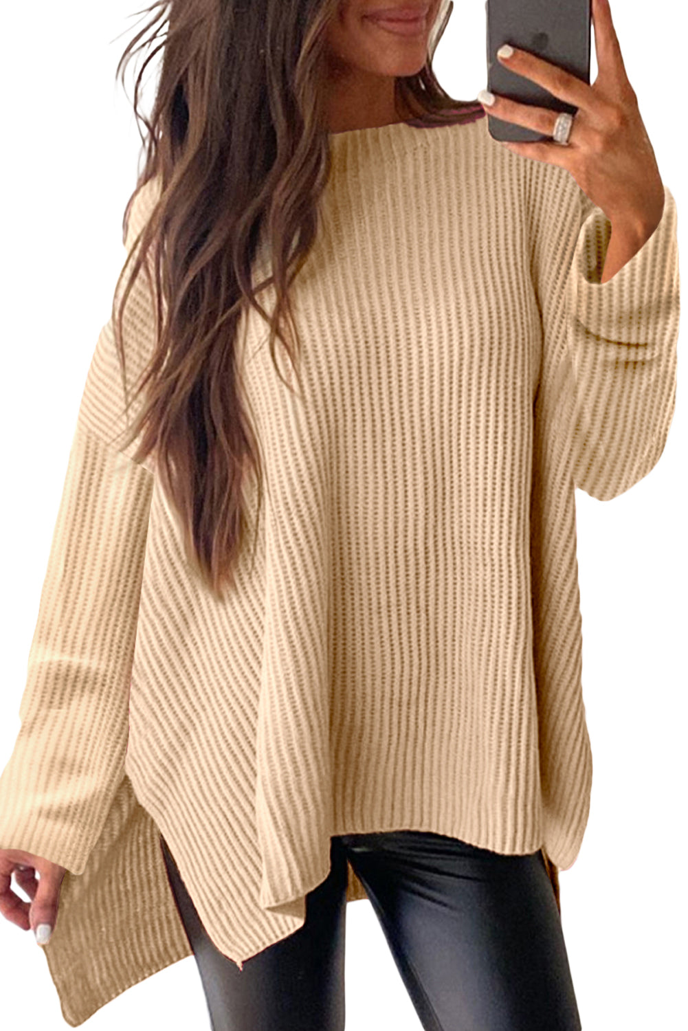 Apricot Plain Side Slits Oversized Sweater Sweaters 17b1357f669d7ec4