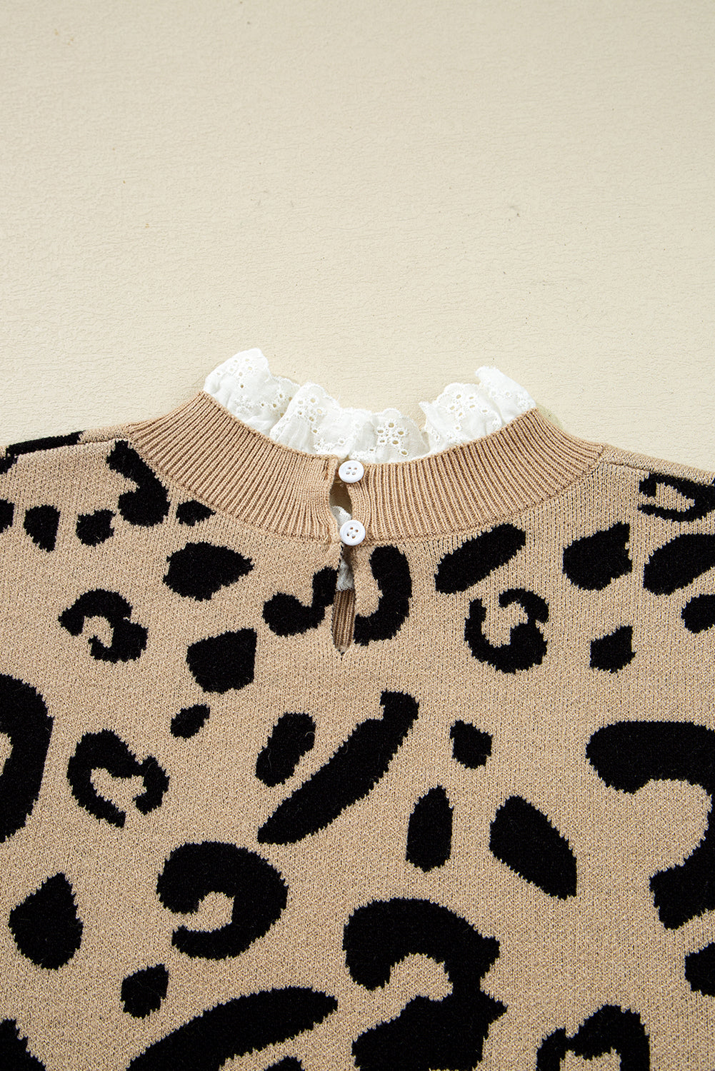 Brown Leopard Pattern Lace Trim Ribbed Detail Button Cuffed Sweater Sweaters 17c6281b493c3383