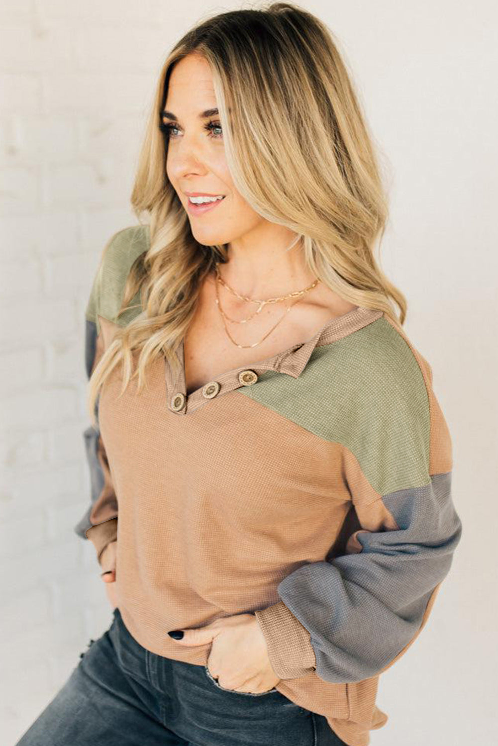 Buckskin Colorblock Thermal Waffle Knit Drop Shoulder Henley Top Long Sleeve Tops 1804cc897e8f7bba