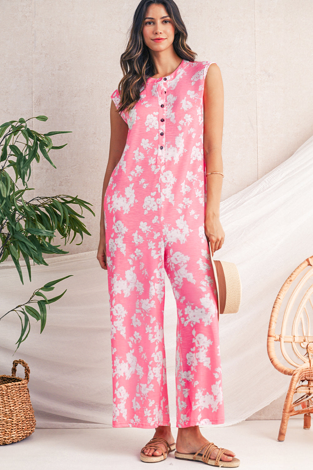Pink Floral Print Sleeveless Wide Leg Jumpsuit Jumpsuits 183dc568adeec71d