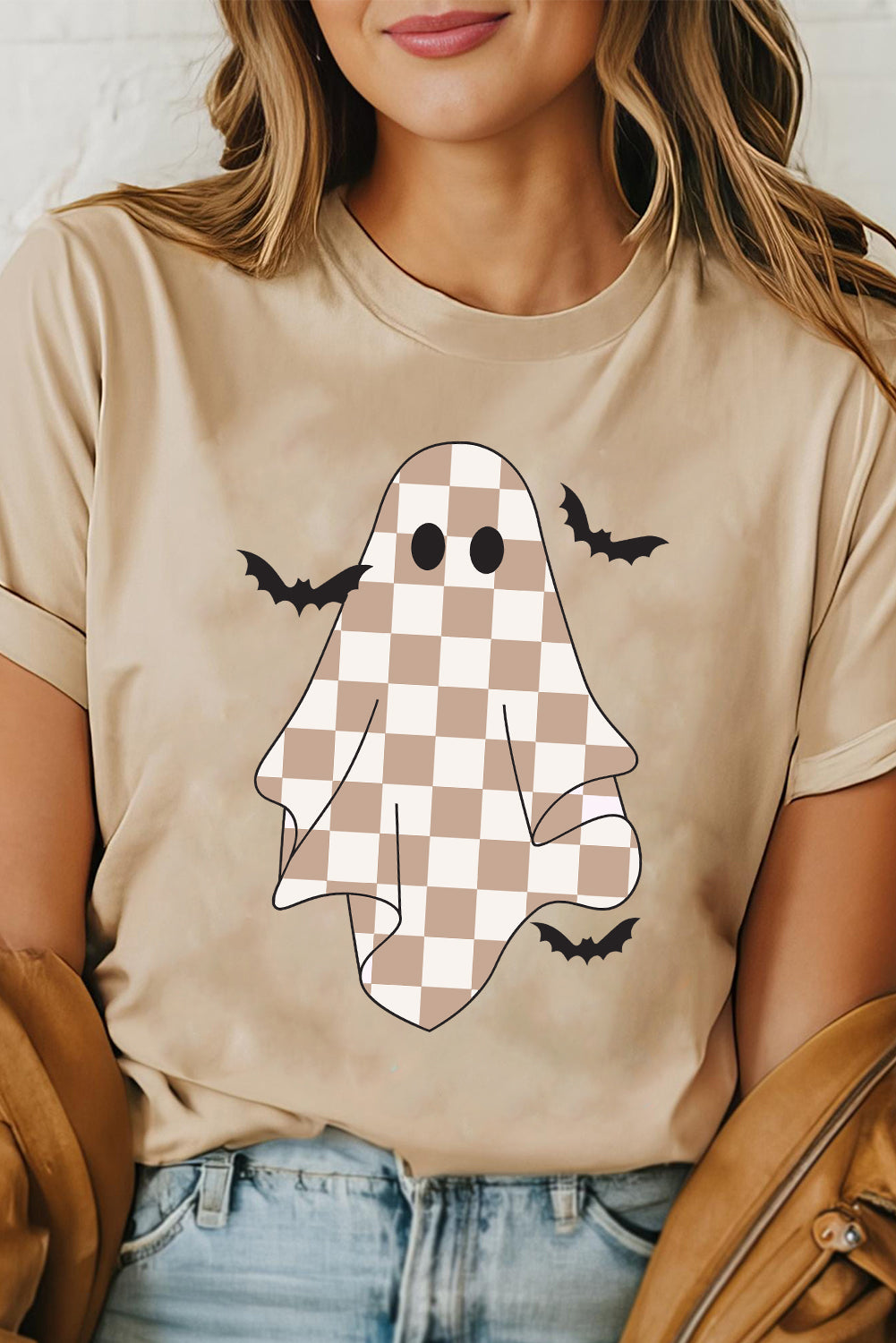 Khaki Ghost Bat Heat Transfer Printing Halloween Holiday Graphic Tee Graphic Tees 183eaf7112887dfc