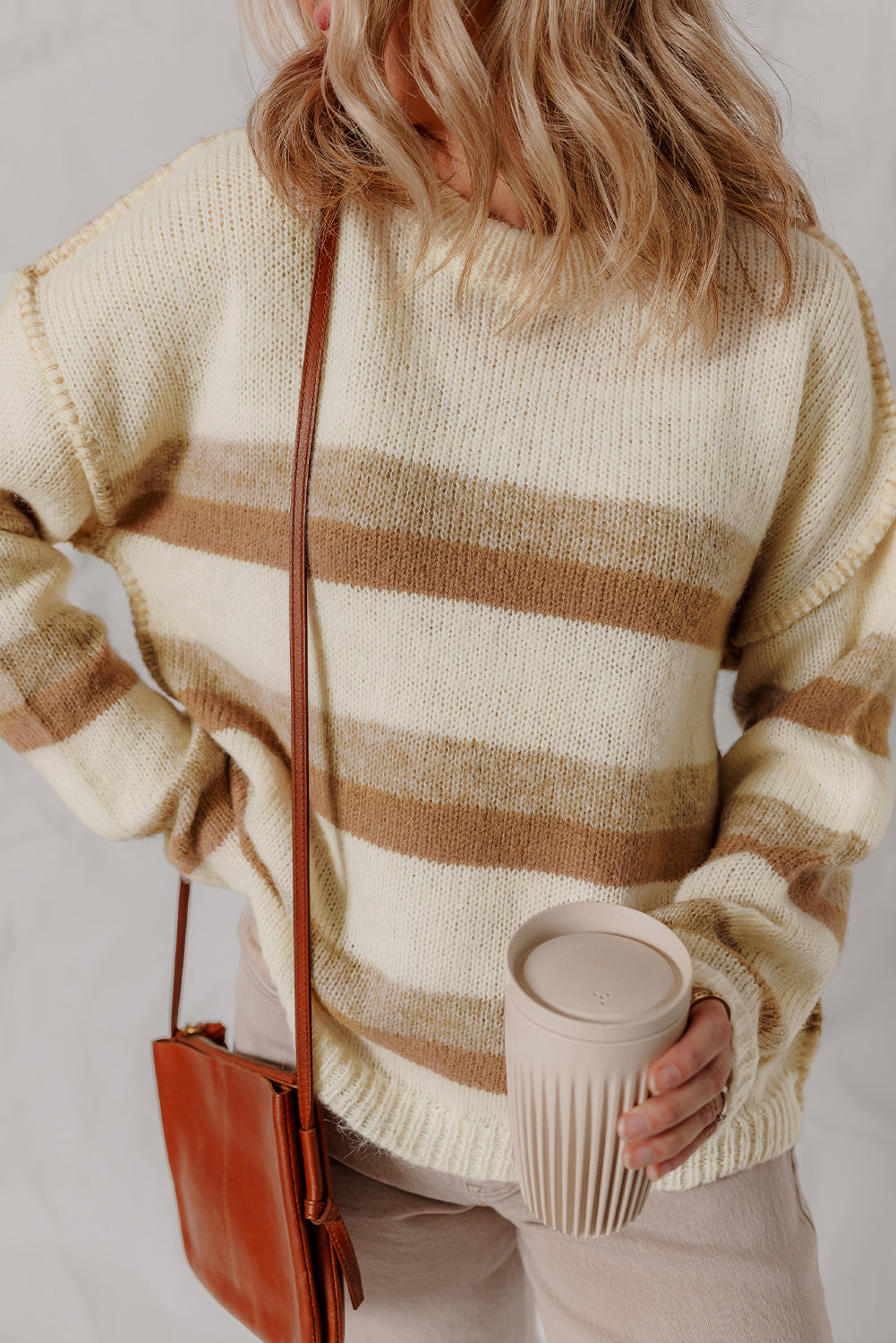 Khaki Stripe Exposed Seam Drop Shoulder Knit Baggy Sweater Sweaters 18483467e92e5e5f