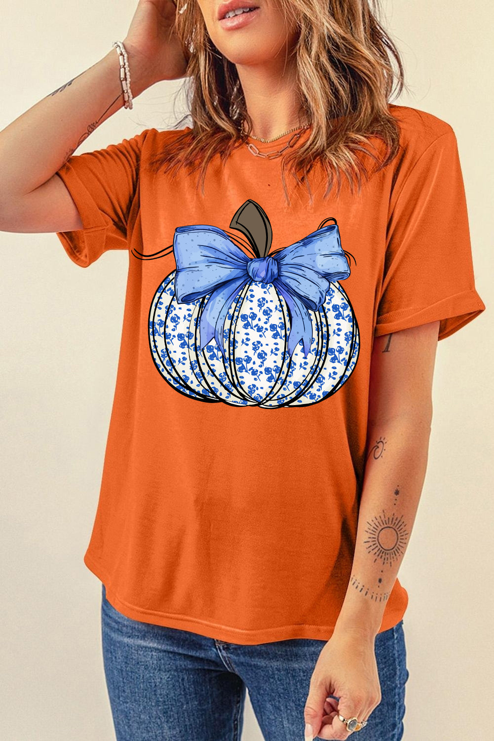 Orange Floral Pumpkin Bow Heat Transfer Printing Thanksgiving T Shirt Graphic Tees 184f02560e7033ca