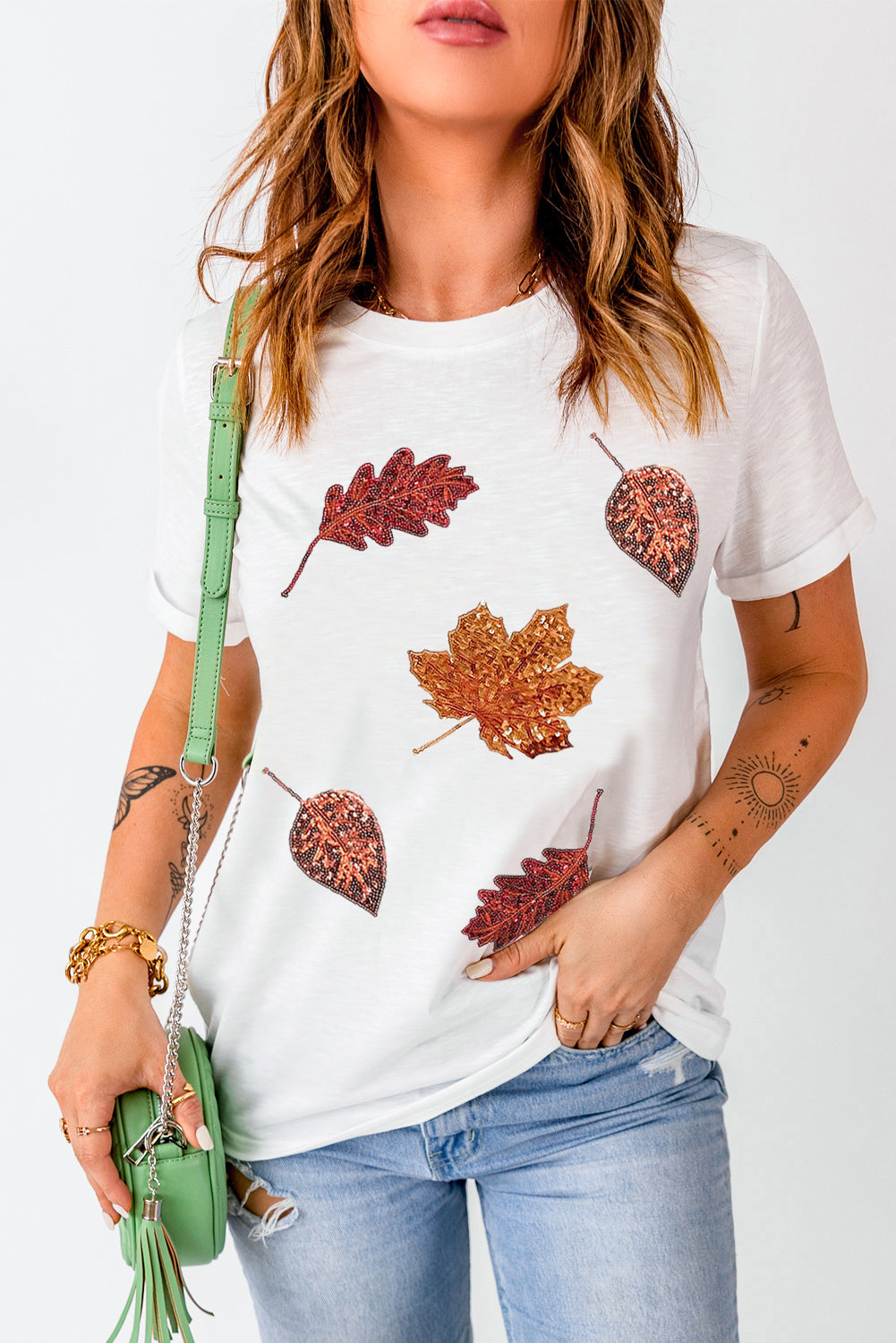 White Halloween Sequined Leaves Graphic Crew Neck T Shirt Graphic Tees 186df0d5a3724f14