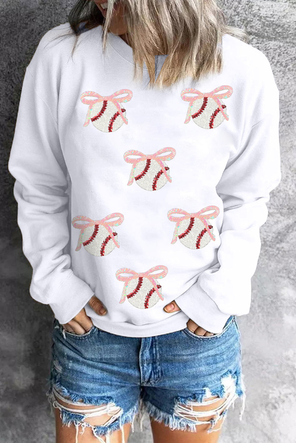 White Sequin Bow Baseball Patched Casual Sweatshirt Graphic Tees 1881bec37d43f6c3