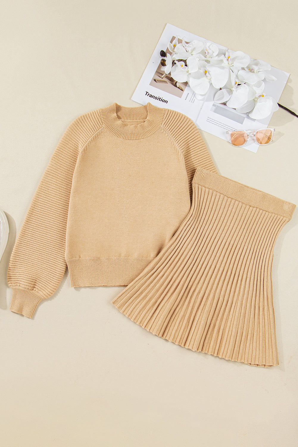 Smoke Gray Lantern Sleeve Sweater Pleated Knitted Mini Skirt Set Two Piece Skirt Sets 18a59a1f8298e89b