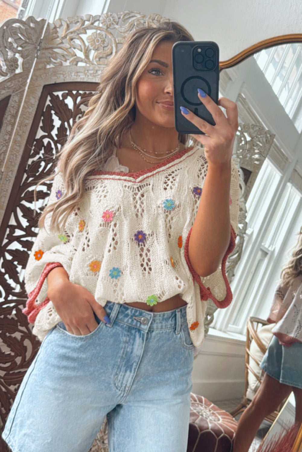 Delicacy Flowers Colorblock Edge Hollow Crochet Knit Top Knit Tops 1912b6028350d09a