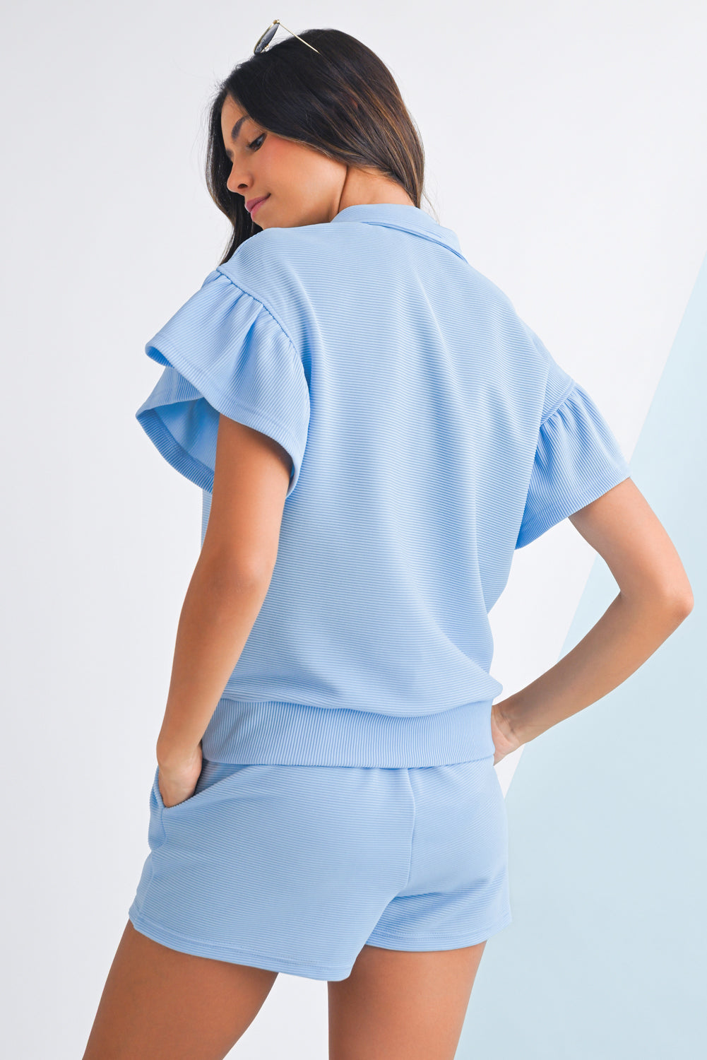 Beau Blue Solid Ribbed Short Sleeve Tee and Shorts Set Two Piece Shorts Sets 197c5a4c8eb7edf4