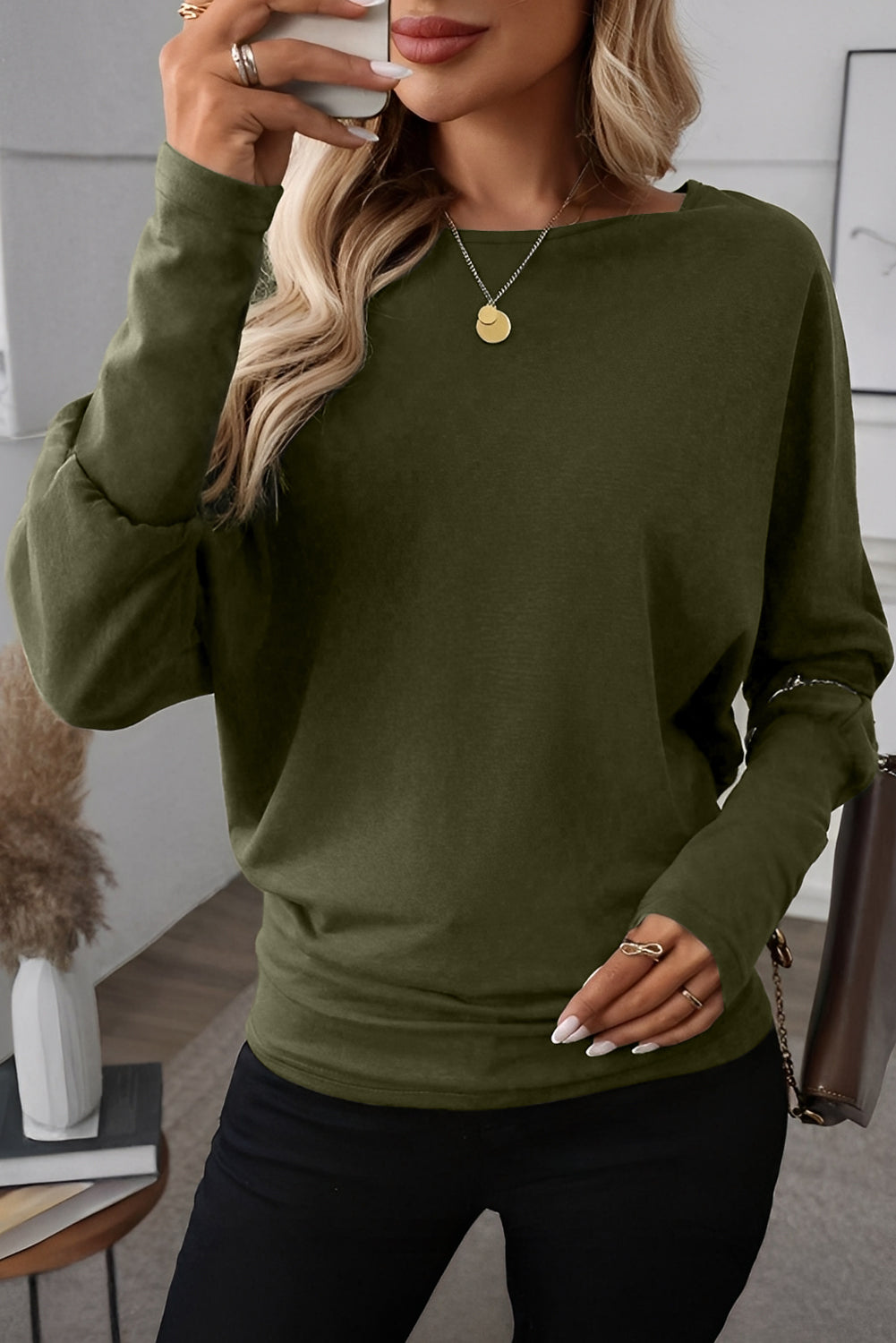 Green Solid Color Round Neck Dolman Sleeve Top Long Sleeve Tops 19a3356dbb4b594b