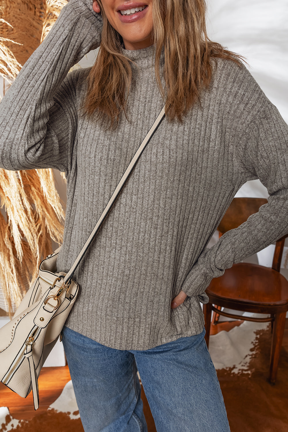 Gray Morn Ribbed High Neck Knitted Pullover Top Long Sleeve Tops 1a432b4407932580