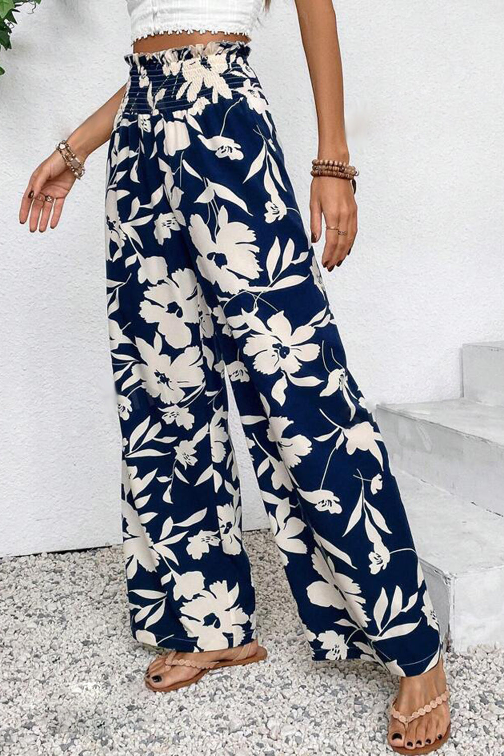 Blue Floral Smocked Frill Waist Wide Leg Pants Pants 1a5472055e050449
