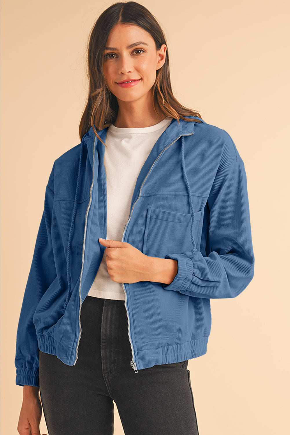 Real Teal Corduroy Drawstring Hooded Pocket Zip Up Jacket Jackets 1a7618c9d738cd16