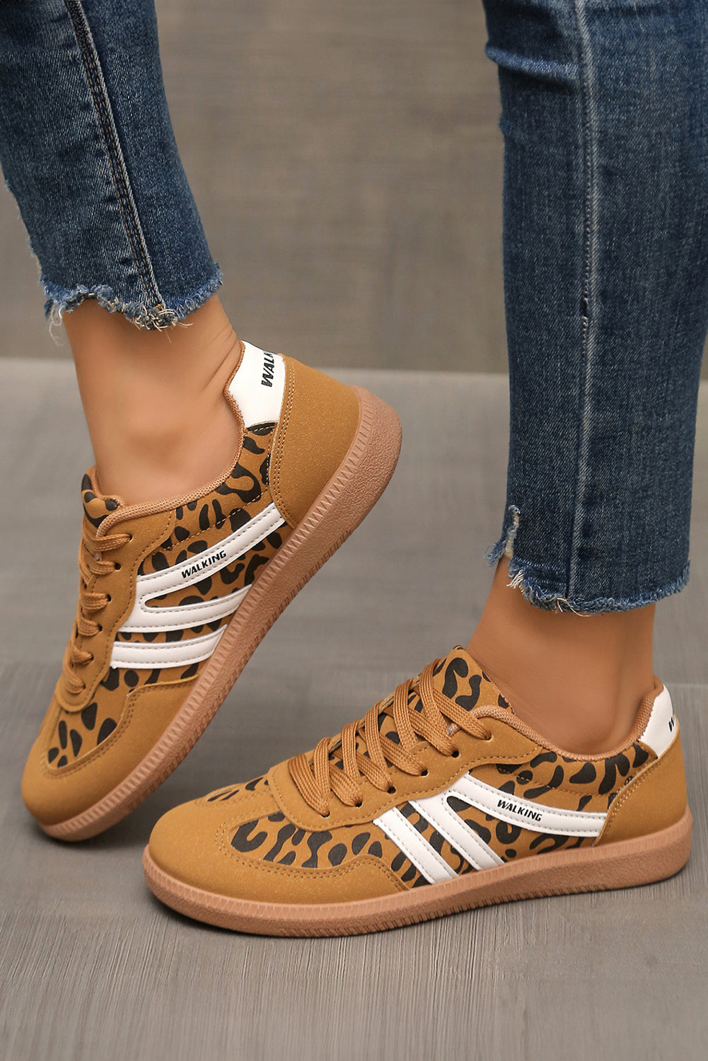 Thai Curry PU Leather Leopard Patchwork Contrast Detail Lace-up Shoes Sneakers 1a8ea721a16e16e5