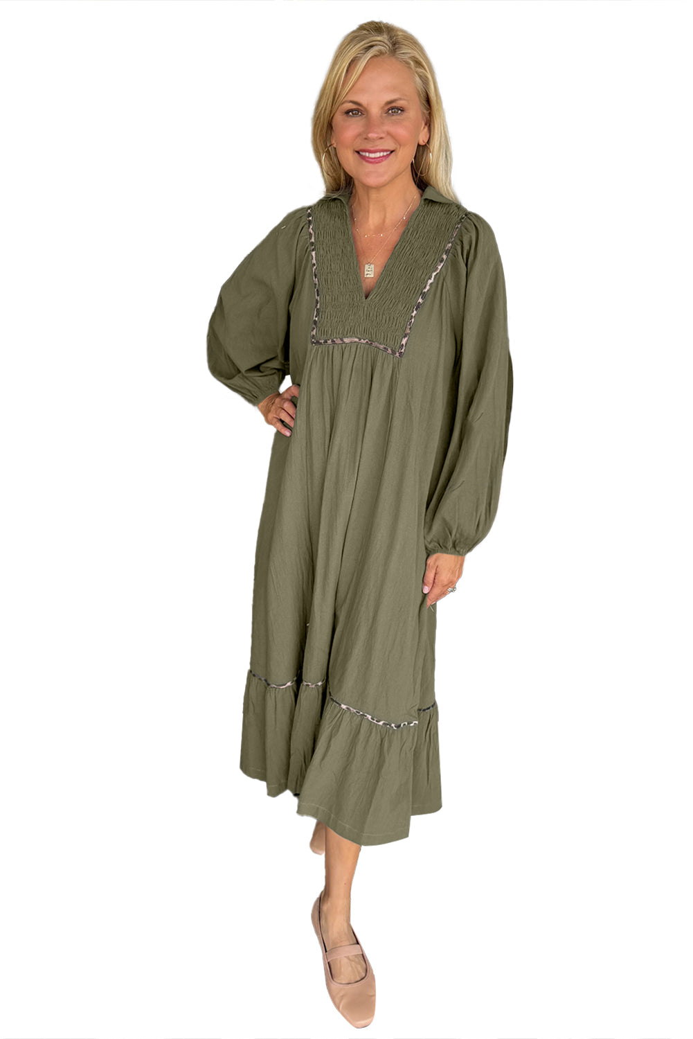 Green Collared V Neck Smocked Detail Contrast Leopard Trim Long Dress Midi Dresses 1a9fb3c8b9e9bf7b