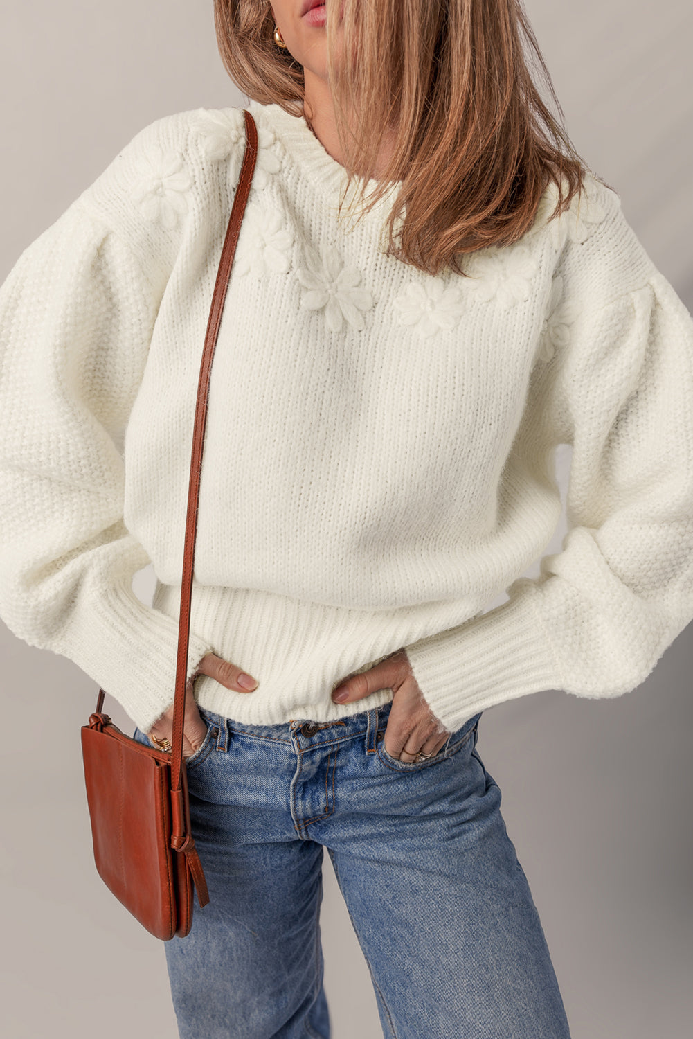 White Flower Detail Round Neck Contrast Textured Puff Sleeve Sweater Sweaters 1aac77b3fd0a0051