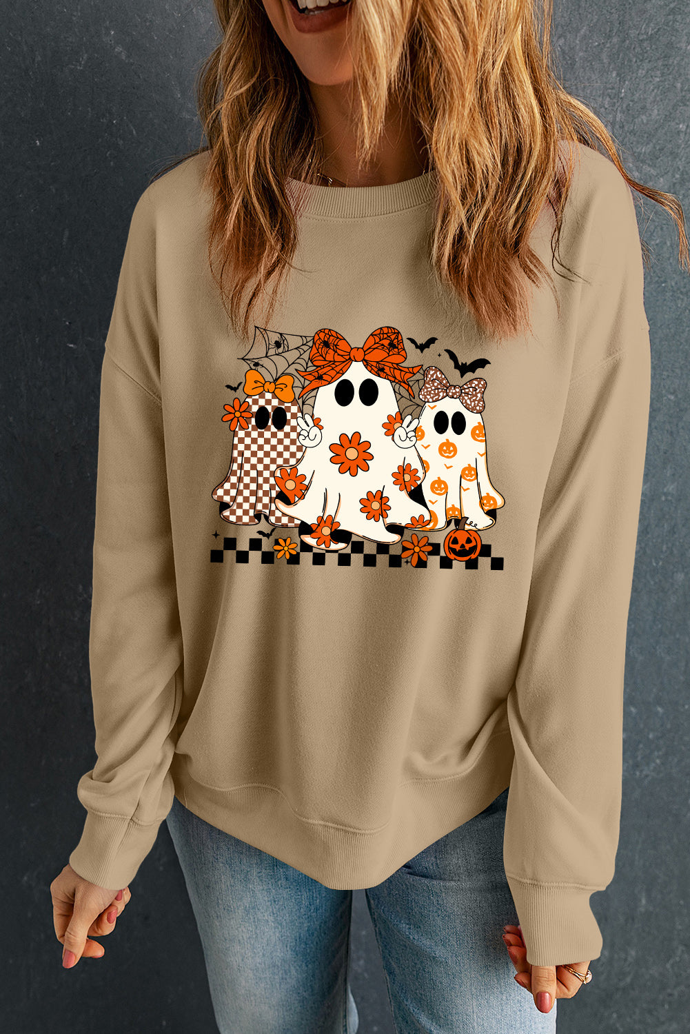 Khaki Cute Halloween Ghost Heat Transfer Printing Graphic Baggy Sweatshirt Graphic Sweatshirts 1ac1075c60fed5db