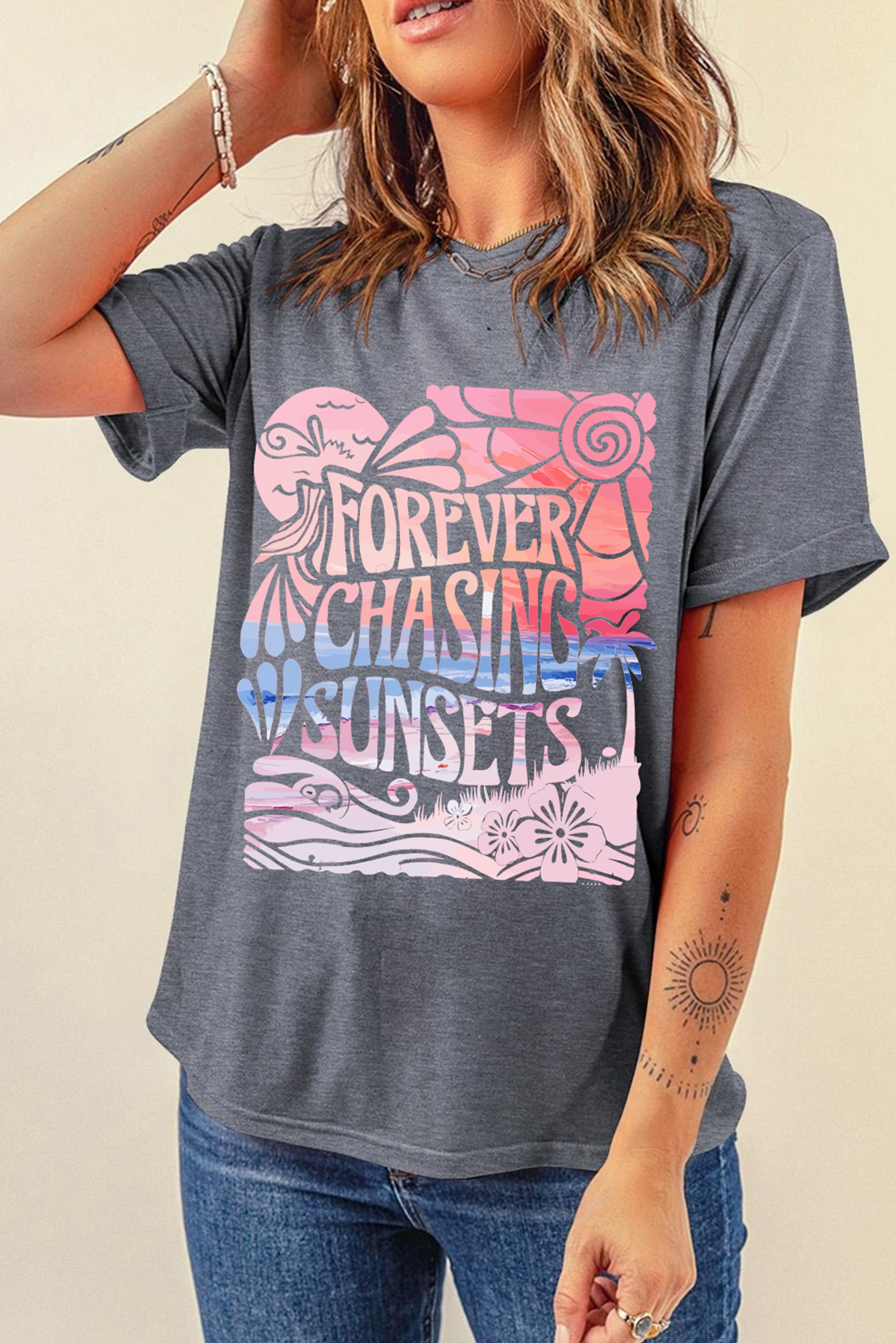 Gray FOREVER CHASING SUNSETS Heat Transfer Printing Graphic Summer T Shirt Graphic Tees 1acd46695cf92f5d